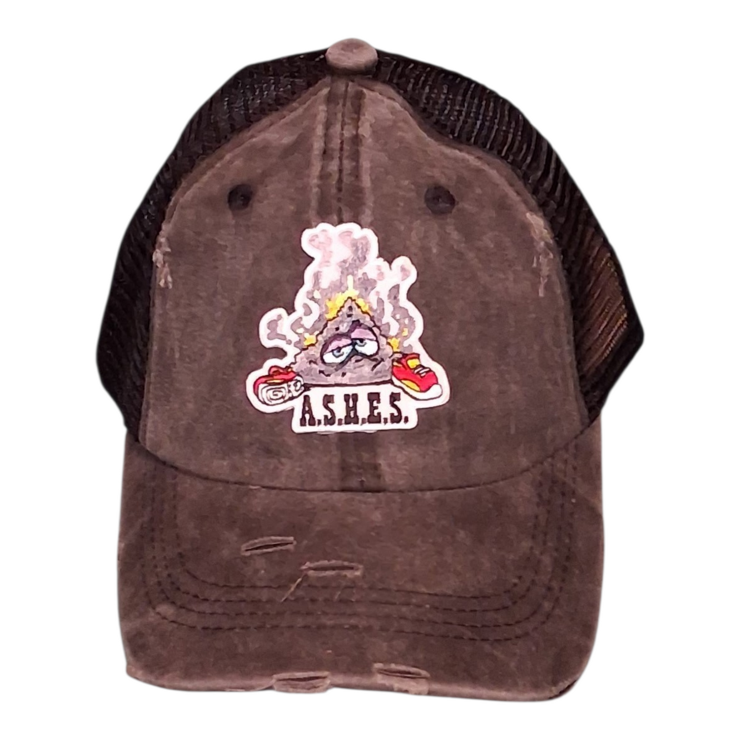 A.S.H.E.S. Vintage Distressed Graphic Patch Trucker Hat β Dark Brown