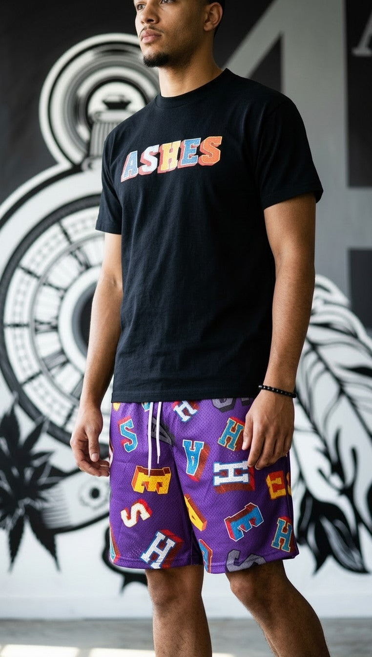 ASHES 3D Block Letter Graphic T-Shirt & Mesh Shorts Two-Piece Set
