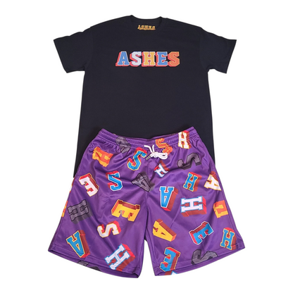 ASHES 3D Block Letter Graphic T-Shirt & Mesh Shorts Two-Piece Set