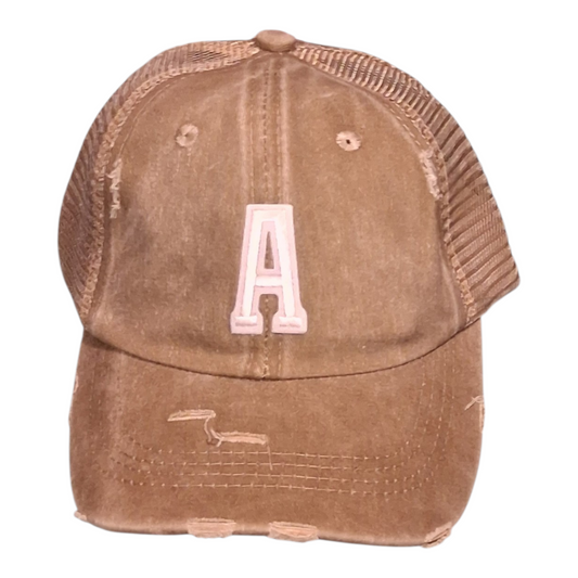 A.S.H.E.S. Vintage Distressed Letter "A" Patch Trucker Hat – Tan / Khaki