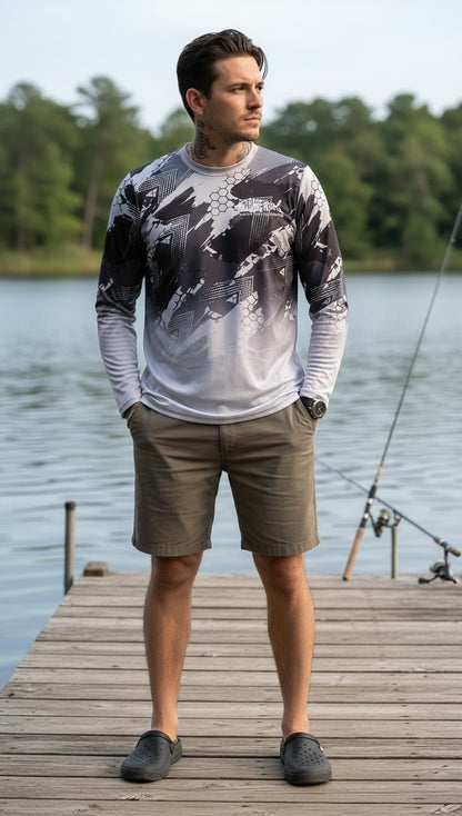 BareHook Performance Fishing Long Sleeve UV Fishing Shirt – Grey Camo