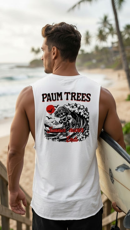 PAUM TREES "Summer Never Ends" Skeleton Surfer Graphic Tank Top – White