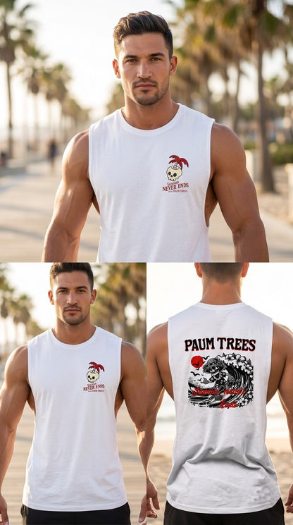 PAUM TREES "Summer Never Ends" Skeleton Surfer Graphic Tank Top – White