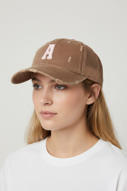 A.S.H.E.S. Vintage Distressed Letter "A" Patch Trucker Hat – Tan / Khaki