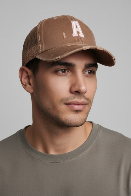 A.S.H.E.S. Vintage Distressed Letter "A" Patch Trucker Hat – Tan / Khaki