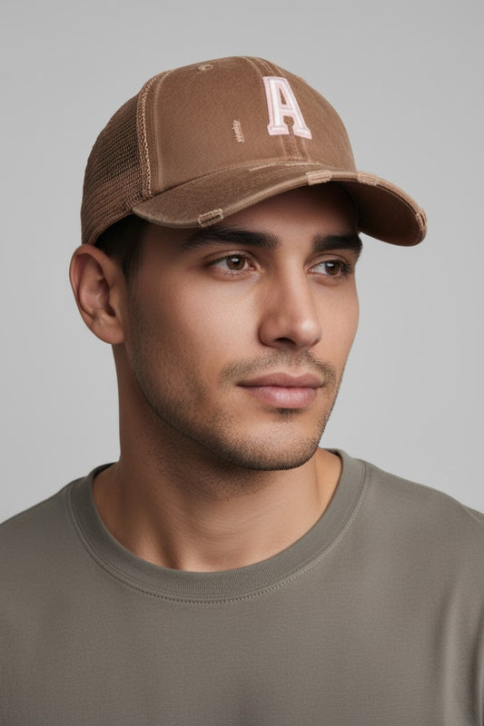 A.S.H.E.S. Vintage Distressed Letter "A" Patch Trucker Hat – Tan / Khaki